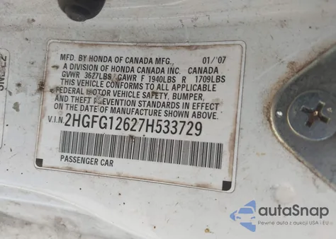 2007 Honda Civic Lx from USA, damaged, VIN 2HGFG12627H533729